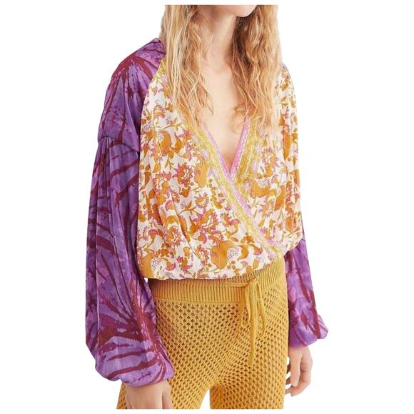 Free People Cruisin Together Printed Wildberry Combo Plunge Neckline Top Small - Picture 1 of 11